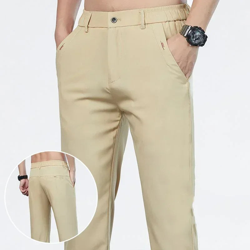 Men Ice Silk Thin Classic Casual Pants Male Slim Fit Straight Leg Daily Business Trousers Fashion Elastic Waist Black Gray Pants