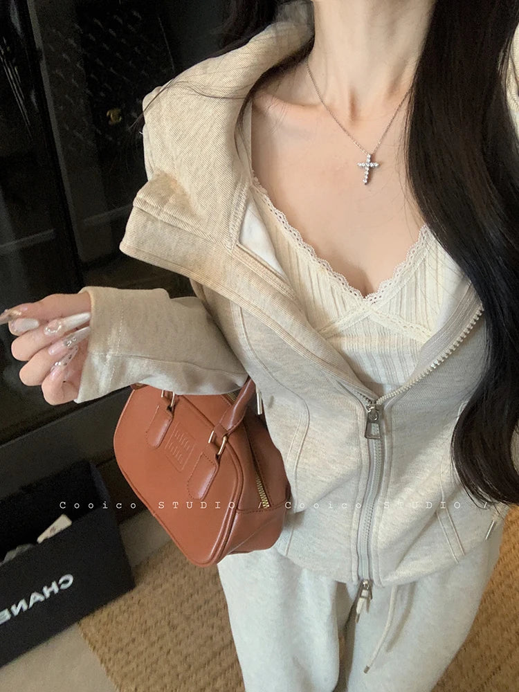 Faionable Lazy Sle Women's Outfit Long Sve Hoodie Wide Leg Casual Pants Two Piece Set Autumn Commute Windbreaker