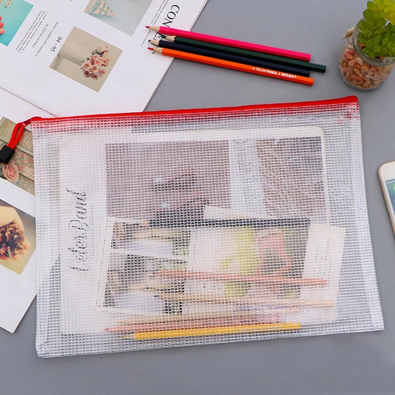PVC Stationery Storage Bag Folder File Mesh Zipper Pouch A4 A5 A6 A3 Document Bag File Folders School Office Supplies Organizer