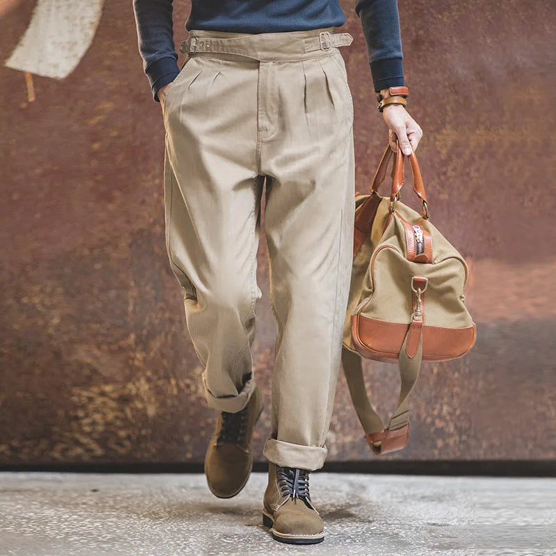 Maden Vintage Adjustable High Waist Gurkha Pants Khaki Casual Cargo Work Pants Classic Straight Trousers for Men's Spring Fall