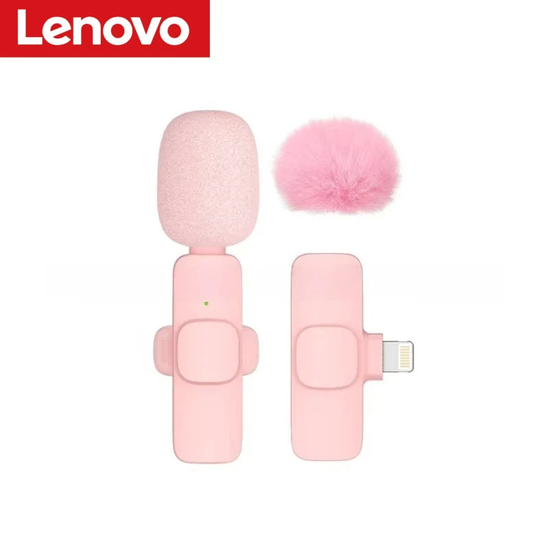 Lenovo Pink Wireless Lavalier Microphone Phone Portable Audio Video Recording Vlog Microphone for iPhone Android PC Live Gaming