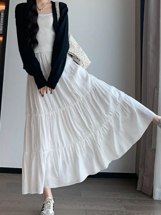 Elegant White Ruffled Long Skirts for Women High Waist A Line Maxi Skirt Woman Spring Summer Casual Loose Korean Umbrella Skirt