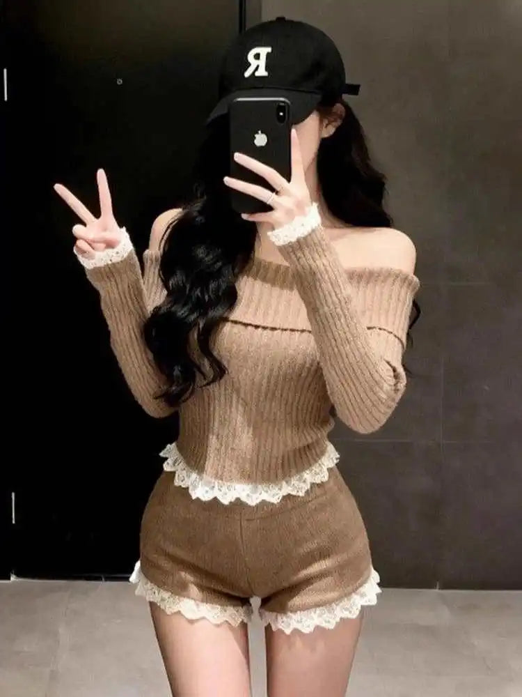 Autumn Winter Lace Splice One oulder Knitted Top High Waist ort Pants Two Piece Set Sexy Sle Casual Wear for Women