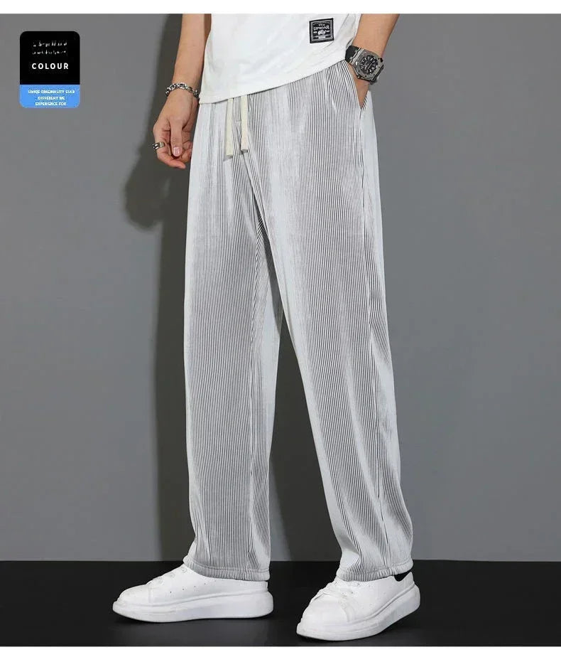Summer Loose Ice Silk Pants Men's Drape 100KG Size Long Pants Fat Casual Sports Pants Wide Leg Straight Pants Tide Brand