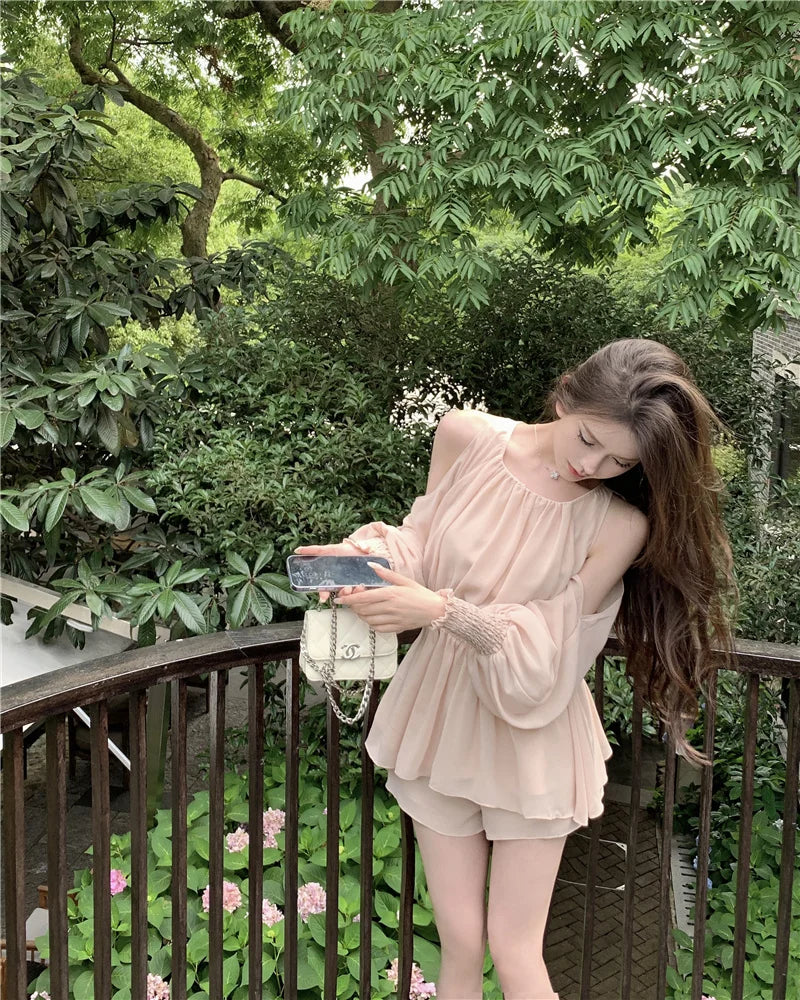 oulder Bared Bubble Sve High Waist ort Set Women's Faion 2025 Autumn Spring Chiffon Top And orts Two Piece Set