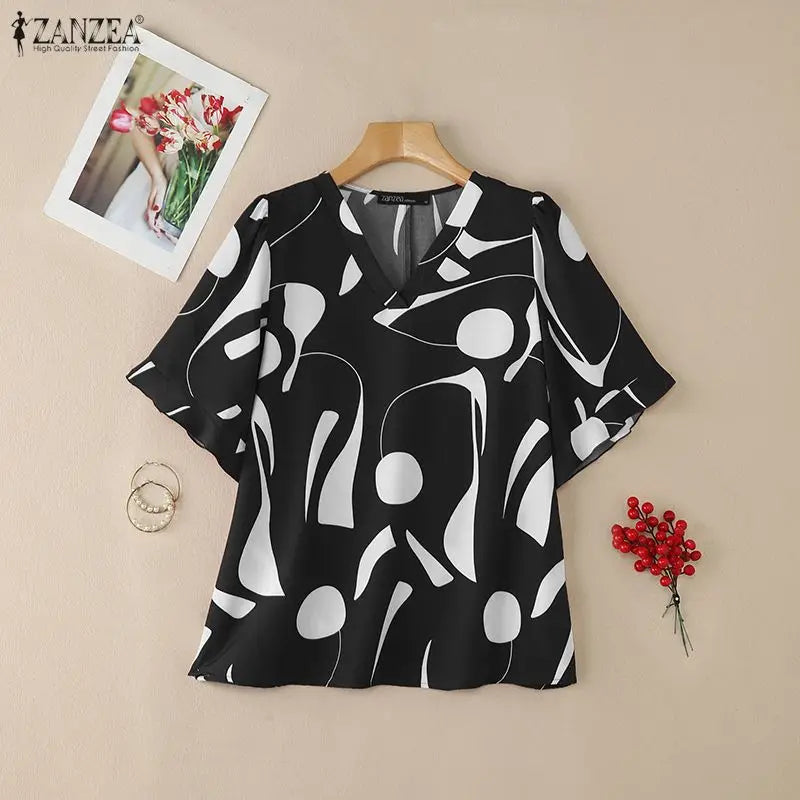 2026 ZANZEA Summer Blouse Women Casual V Neck Short Sleeve Printed Tops Female Loose Chemise Tunic Elegant Work Shirt Oversize