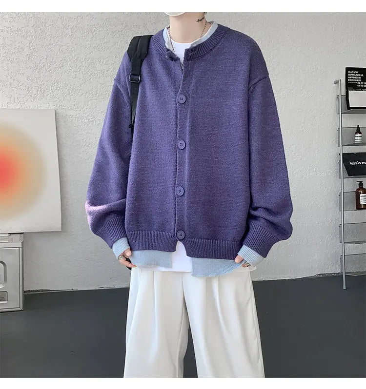 Men's Casual Contrast Color Cardigan Sweater Loose Button Front Knitted Coat for Daily Wear