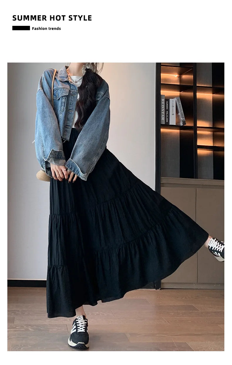 Elegant White Ruffled Long Skirts for Women High Waist A Line Maxi Skirt Woman Spring Summer Casual Loose Korean Umbrella Skirt