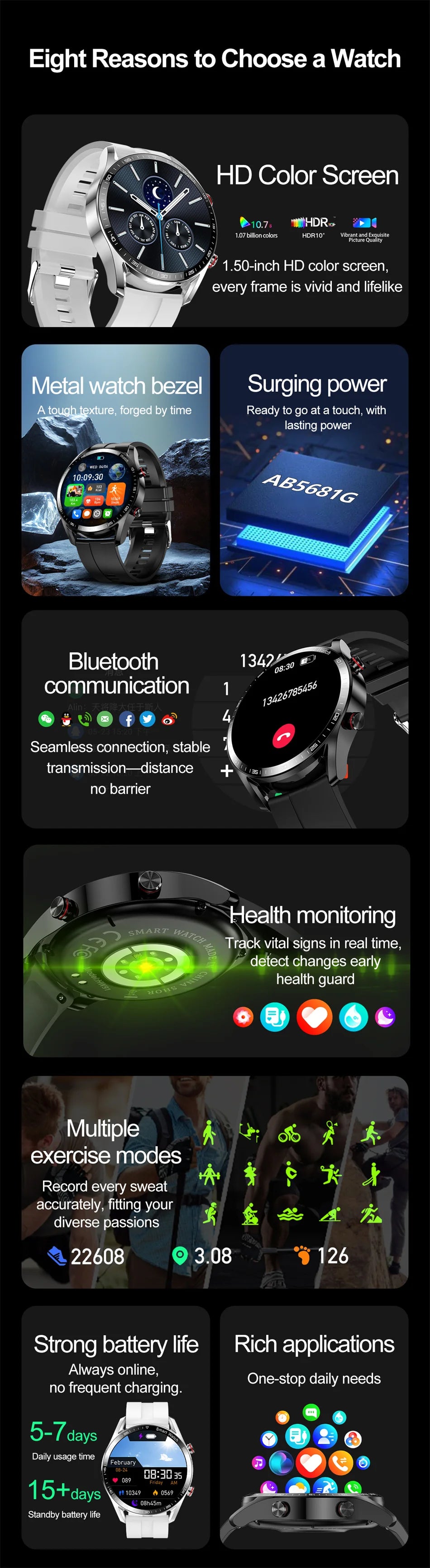 ChiBear New 1.53inch Bluetooth Call Smart Watch Men Multi-Sport Mode Heart Rate Health Monitoring Waterproof Business Smartwatch