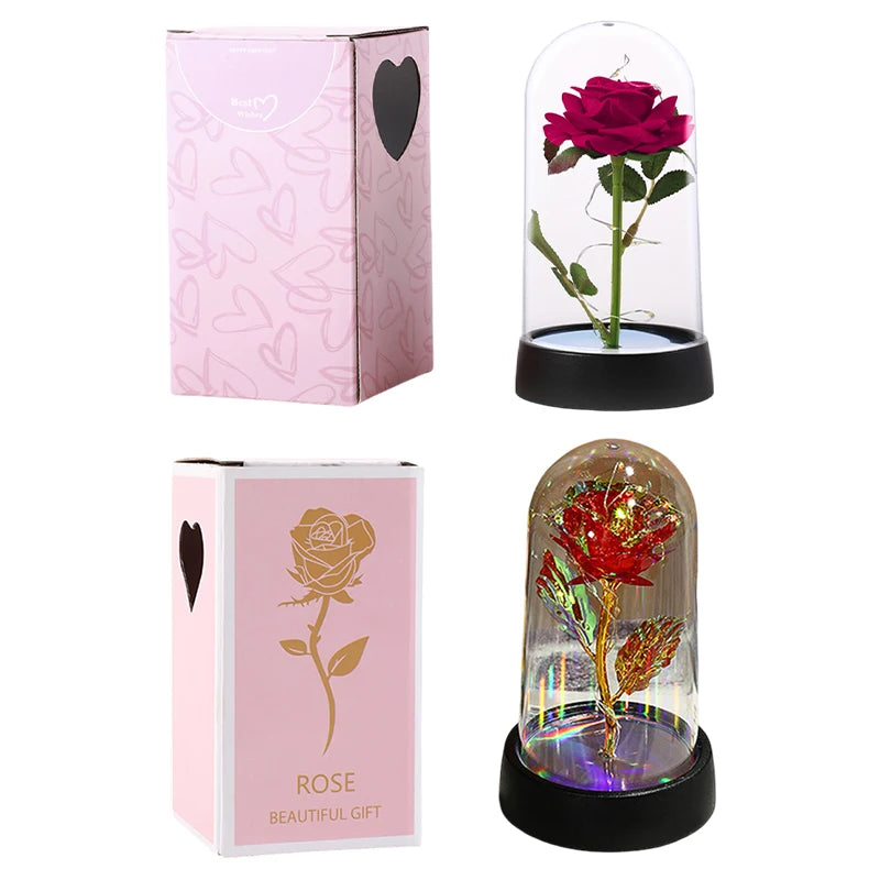 Artificial Rose Flowers Eternal Rose LED Light Foil Flower in Glass Cover Simulation Rose Flower Christmas Valentine's Day Gifts