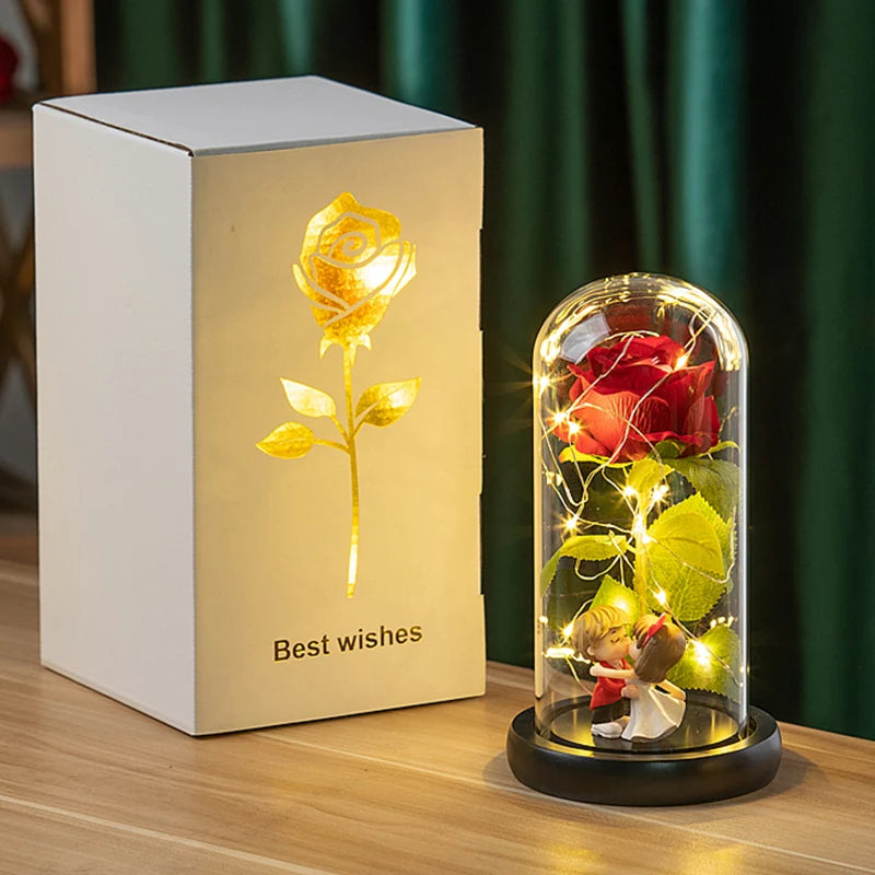 Artificial Rose Flowers Eternal Rose LED Light Foil Flower in Glass Cover Simulation Rose Flower Christmas Valentine's Day Gifts