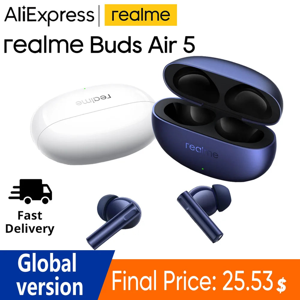 Global Version realme Buds Air 5 TWS Earphone 50dB Active Noise Cancellation Wireless Headphone 38Hour Battery Life Bluetooth5.3