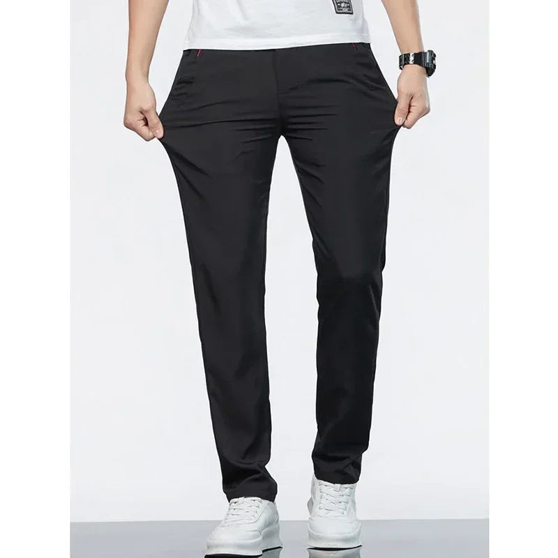 Men Ice Silk Thin Classic Casual Pants Male Slim Fit Straight Leg Daily Business Trousers Fashion Elastic Waist Black Gray Pants