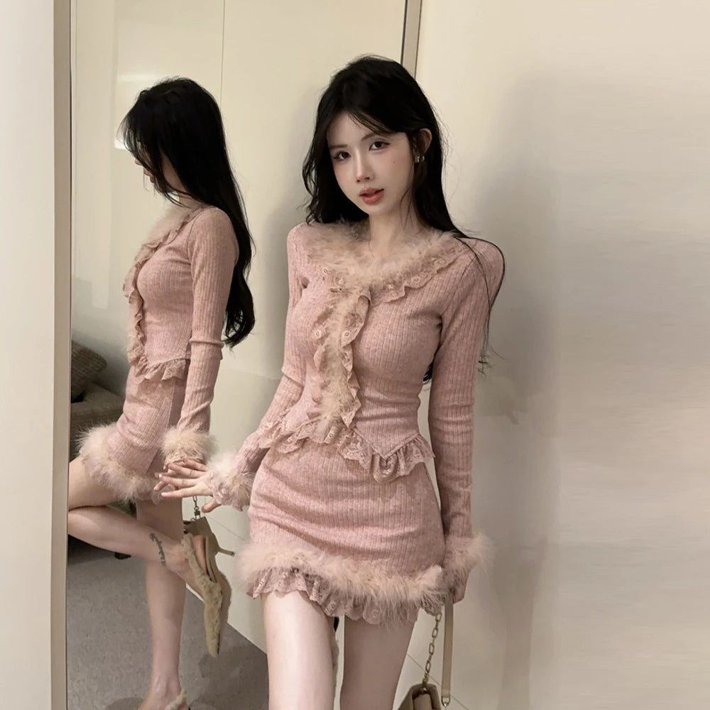 Autumn Winter Lace Splice Knitted Sve High Waist Slim Fit Bodycon Skirt Set V-Ne Soft Pure Desire Long Sve T-irt