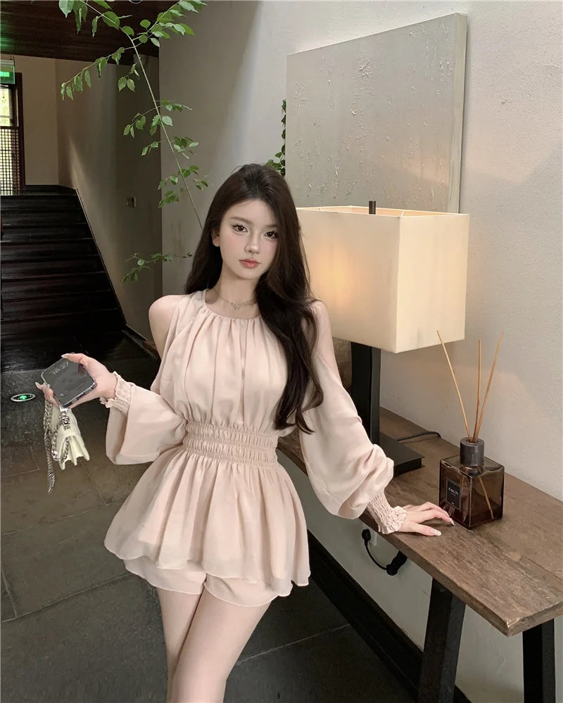 oulder Bared Bubble Sve High Waist ort Set Women's Faion 2025 Autumn Spring Chiffon Top And orts Two Piece Set