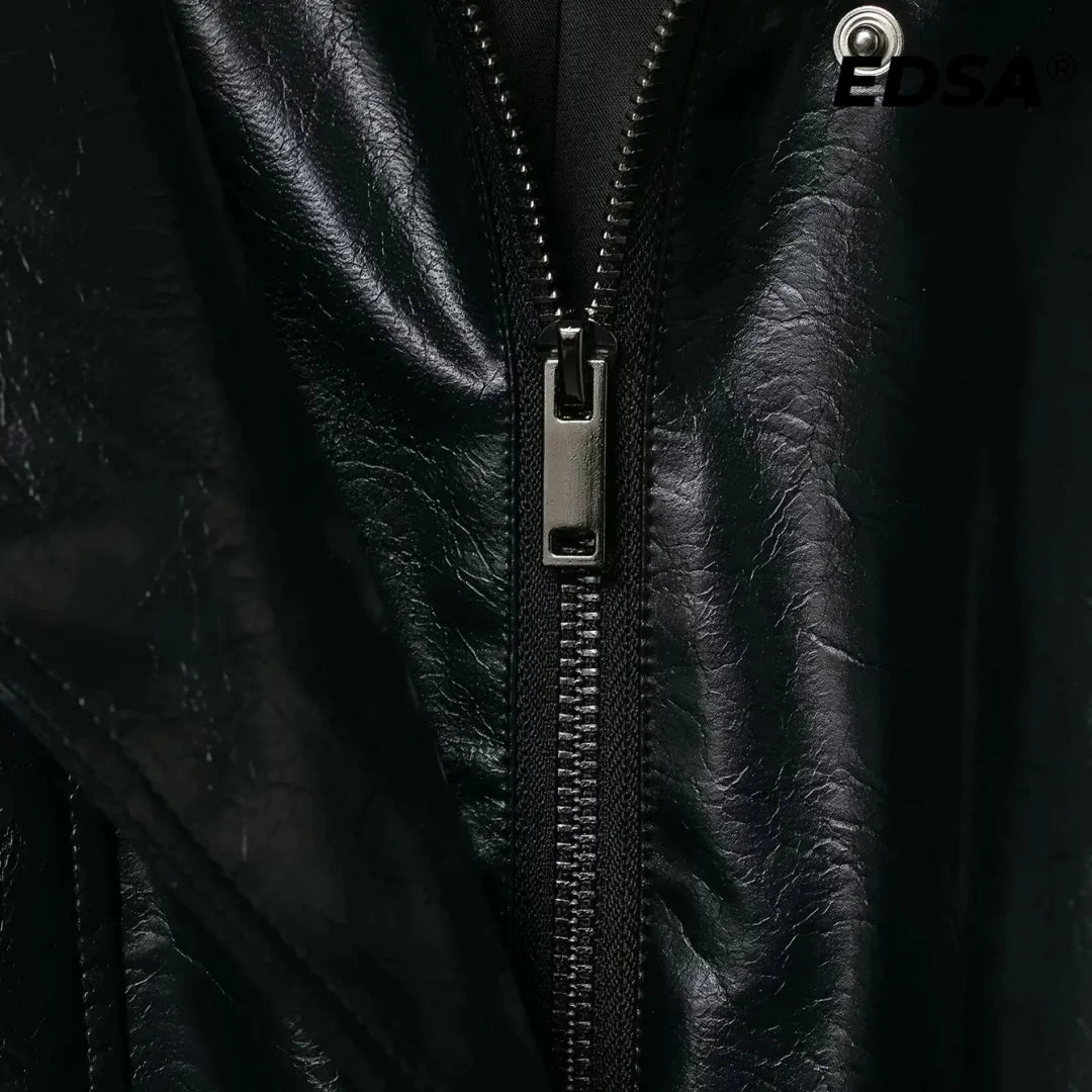 EDSA Women PU Leather Bomber Jacket Motorcycle Coat Black Spliced Zipper Fly Pu Leather Coat For Female New Street Style