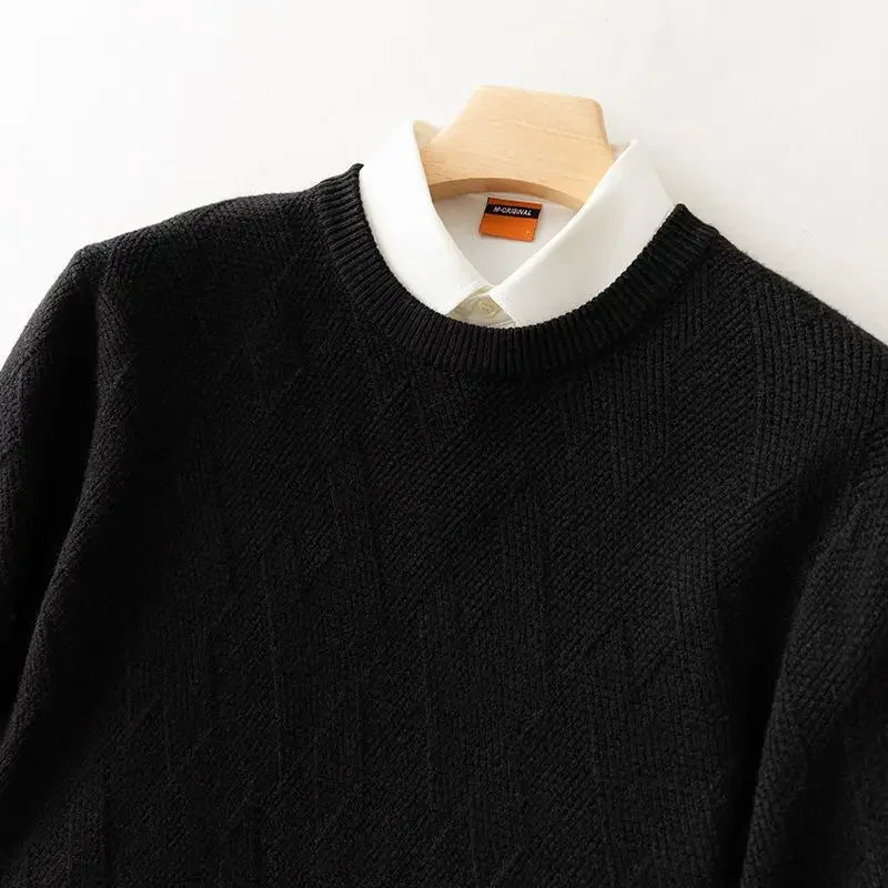 Men's Cashmere Sweater Loose and Thick Jacquard Crewneck Sweater Autumn and Winter New Solid Color Men's Knit Bottom Sweater
