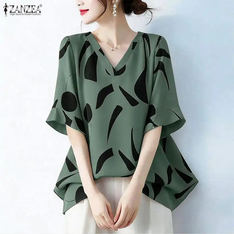 2026 ZANZEA Summer Blouse Women Casual V Neck Short Sleeve Printed Tops Female Loose Chemise Tunic Elegant Work Shirt Oversize