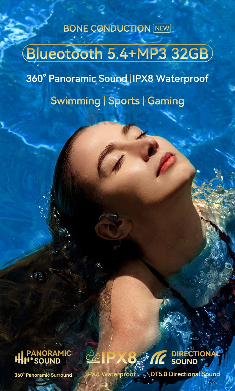 IPX8 Waterproof Swimming Bone Conduction headphone Bluetooth 5.4 Bass Wireless headset MP3 (32G) Player Cycling Fitness Earphone
