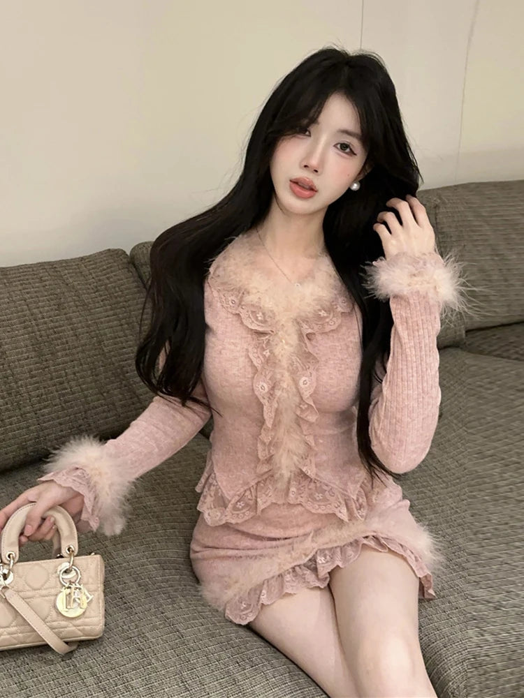 Autumn Winter Lace Splice Knitted Sve High Waist Slim Fit Bodycon Skirt Set V-Ne Soft Pure Desire Long Sve T-irt