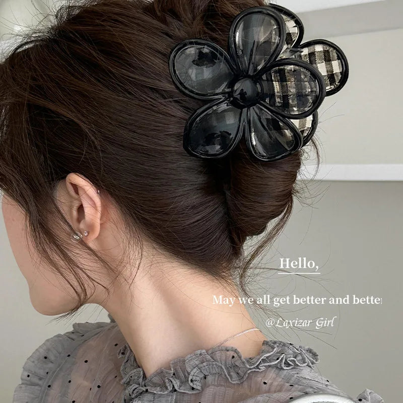2Pcs Vitnage Blue Black Checkered Gripper Plaid Flower Hair Claw Clip Elegant Hairpin Versatile Daily High-End Hair Accessories