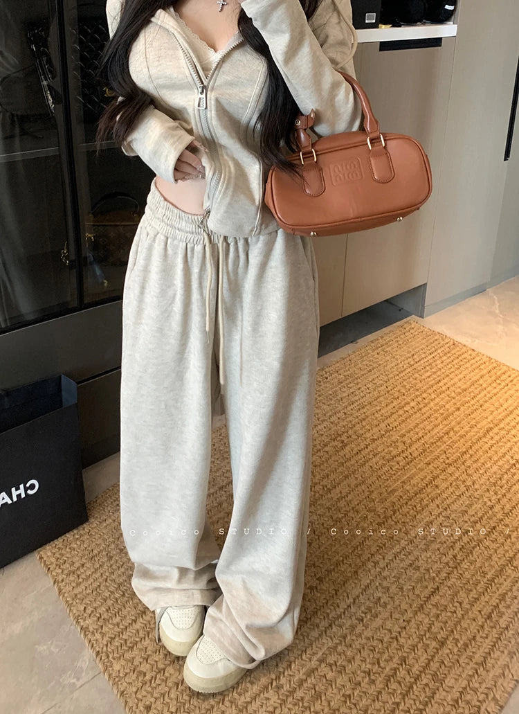 Faionable Lazy Sle Women's Outfit Long Sve Hoodie Wide Leg Casual Pants Two Piece Set Autumn Commute Windbreaker