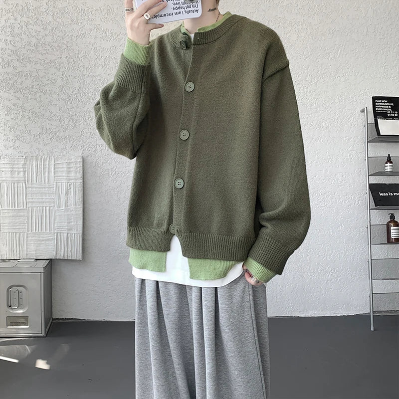 Men's Casual Contrast Color Cardigan Sweater Loose Button Front Knitted Coat for Daily Wear