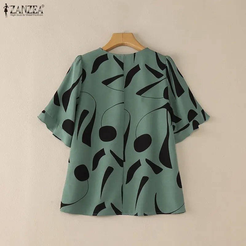 2026 ZANZEA Summer Blouse Women Casual V Neck Short Sleeve Printed Tops Female Loose Chemise Tunic Elegant Work Shirt Oversize