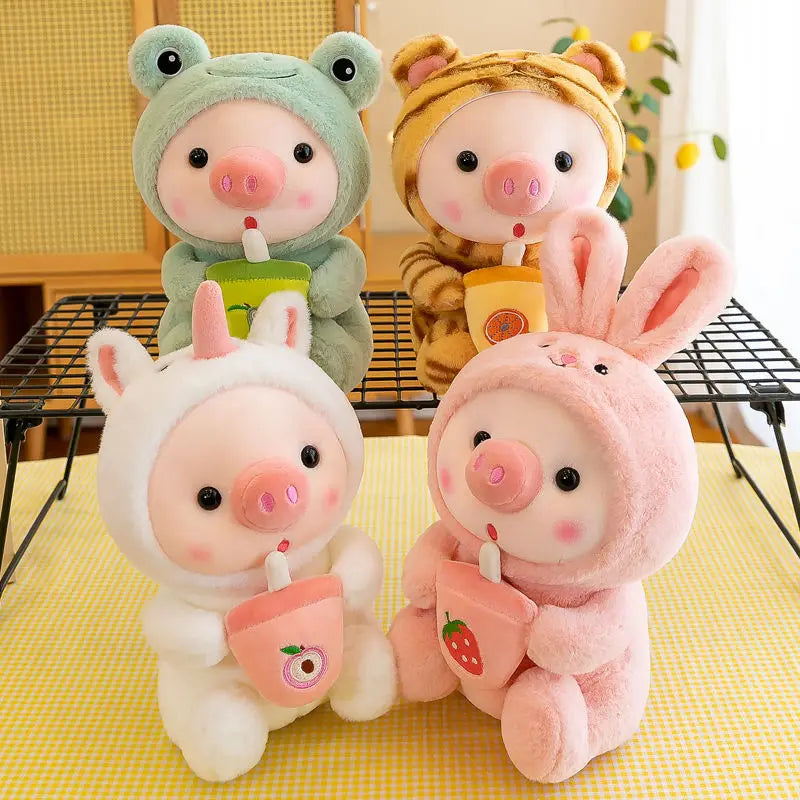 25cm Kawaii Bubble Pig Plush Toy Stuffed Animal Bunny Frog Tiger Soft Pillow Cup Milk Tea Boba Plushies Doll For Kids Girls Gift