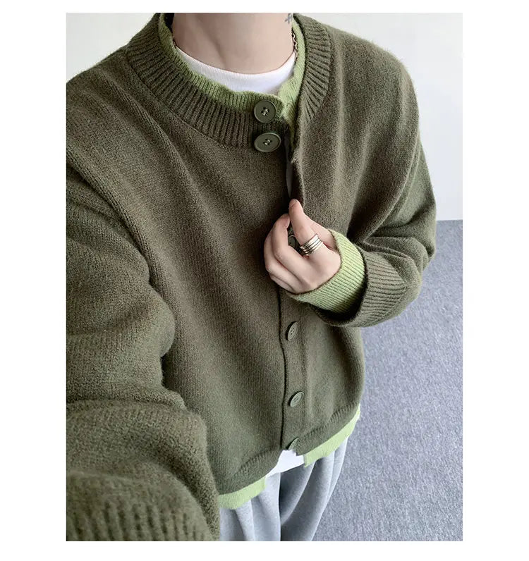 Men's Casual Contrast Color Cardigan Sweater Loose Button Front Knitted Coat for Daily Wear