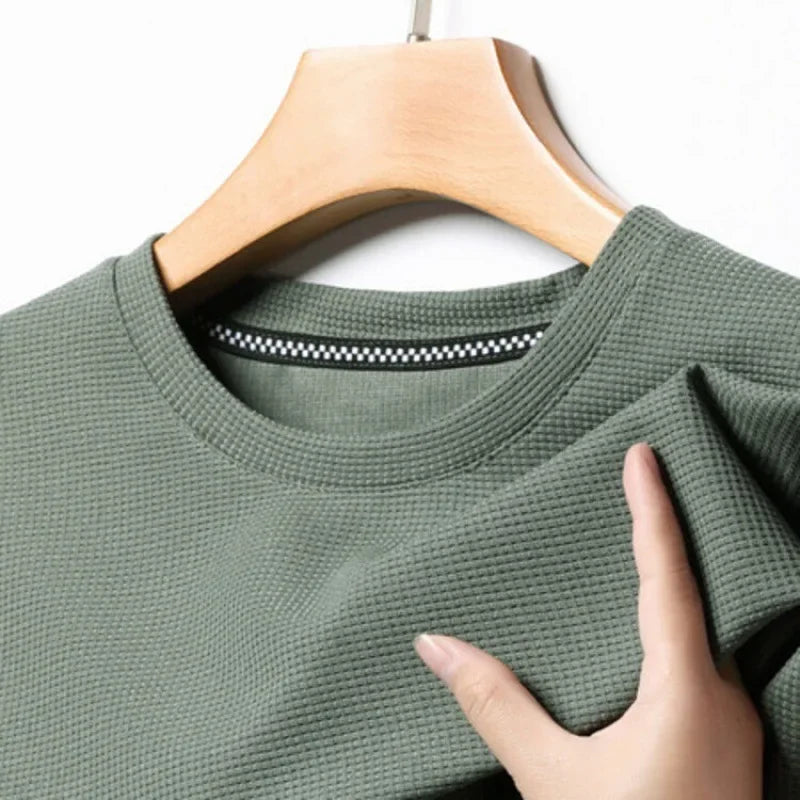 Men's Waffle Knit Short Sleeve T-Shirt Casual Solid Color Crew Neck Soft Comfortable Top for Summer