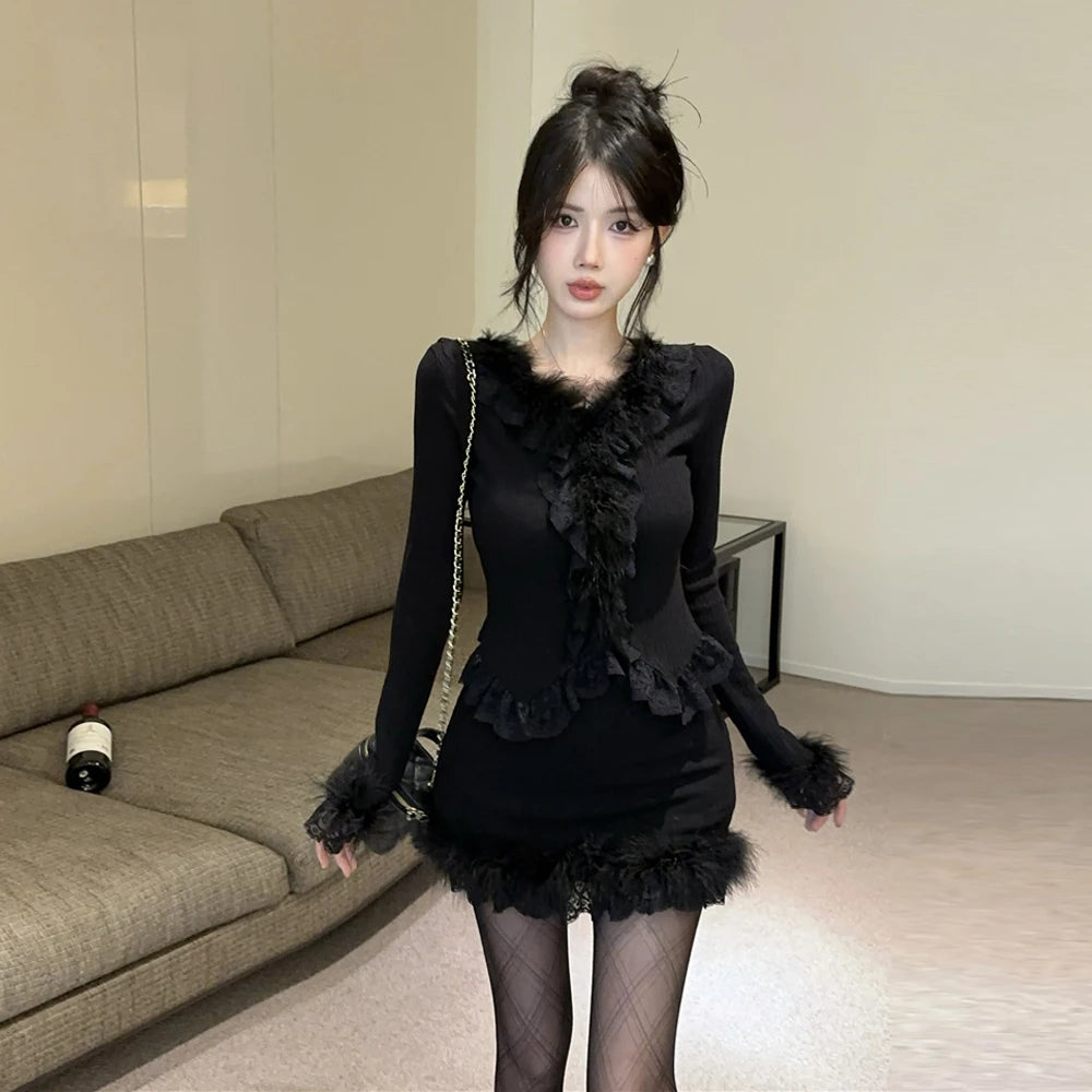 Autumn Winter Lace Splice Knitted Sve High Waist Slim Fit Bodycon Skirt Set V-Ne Soft Pure Desire Long Sve T-irt