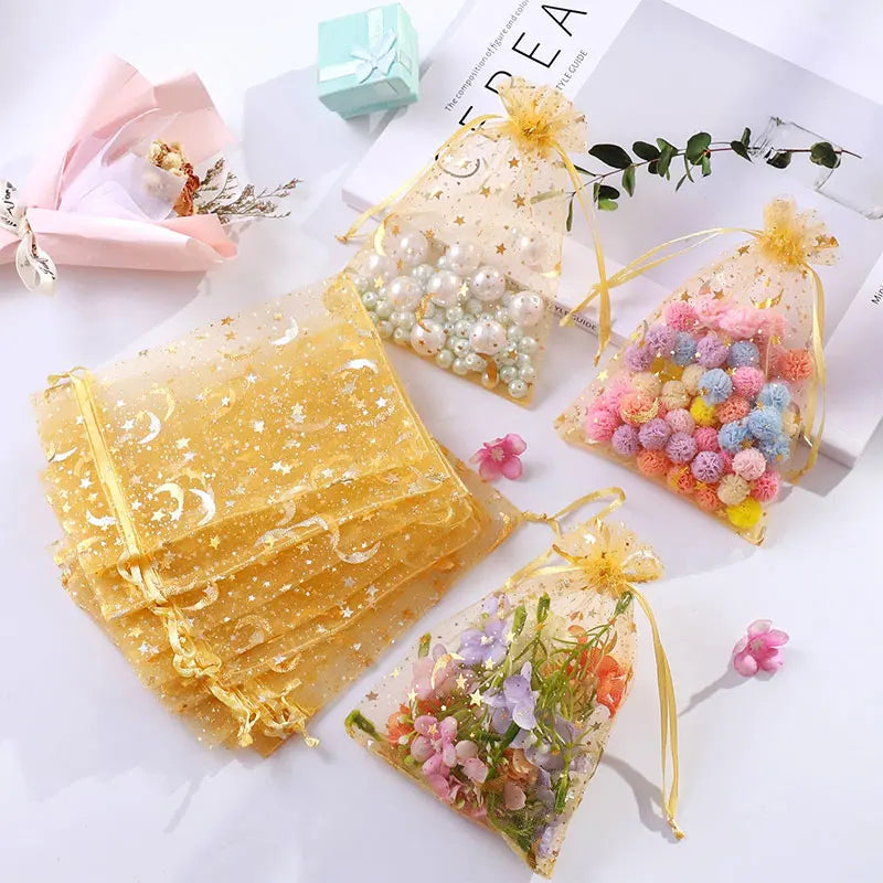 100PCS Moon Stars Drawstring Organza Bags Jewelry Gift Bags Pouches Gold Star Organza Pouches for Christmas Wedding Gift Bags