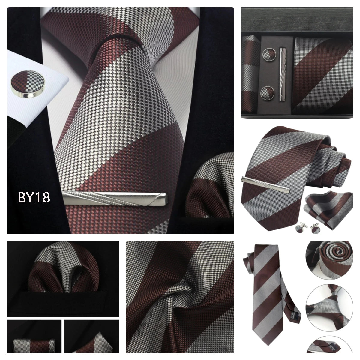 Classic 100% Silk Men's Ties In Gift box 8cm Plaid Dot Striped Business Necktie Handkerchief Cufflinks Wedding Party Tie Set