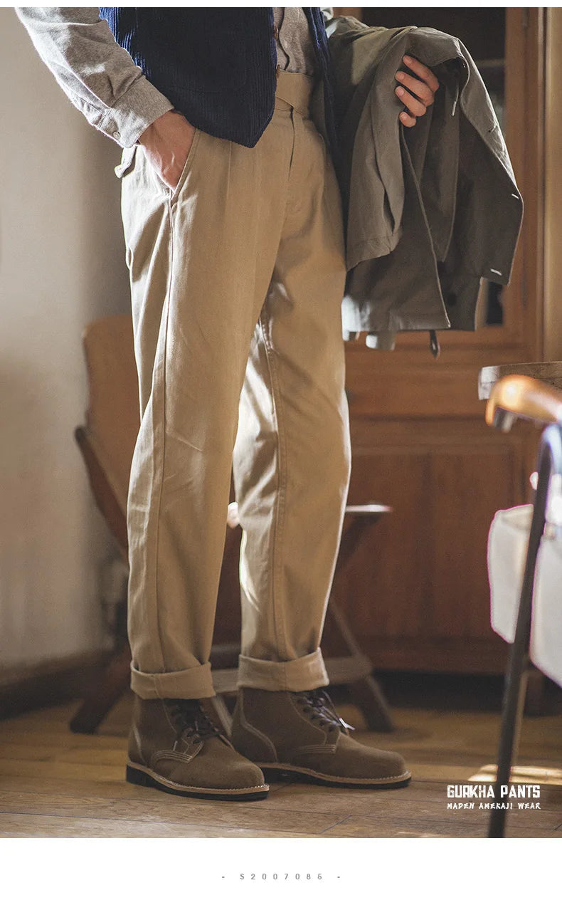Maden Vintage Adjustable High Waist Gurkha Pants Khaki Casual Cargo Work Pants Classic Straight Trousers for Men's Spring Fall