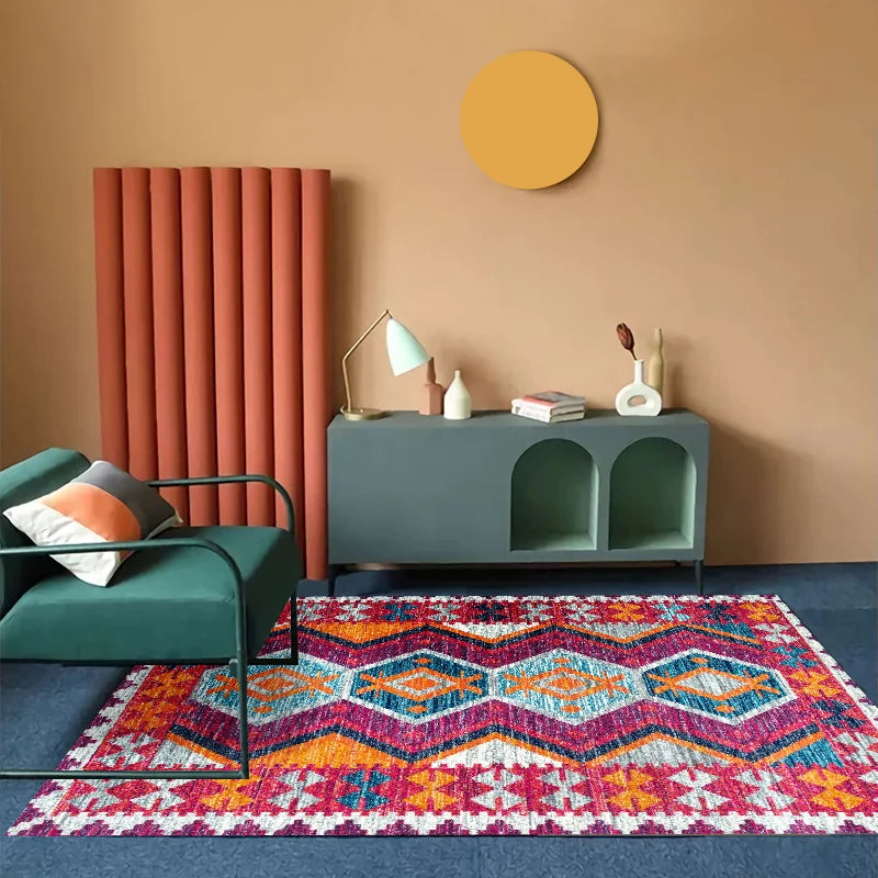 VIKAMA Bohemian Machine Washable Living Room Carpet Soft Non-Slip Ethnic Style Bedroom Cloakroom Carpet Foldable Home Decor