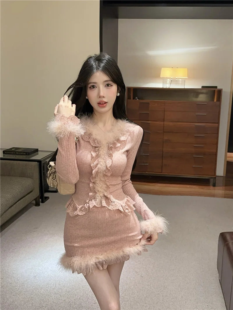 Autumn Winter Lace Splice Knitted Sve High Waist Slim Fit Bodycon Skirt Set V-Ne Soft Pure Desire Long Sve T-irt