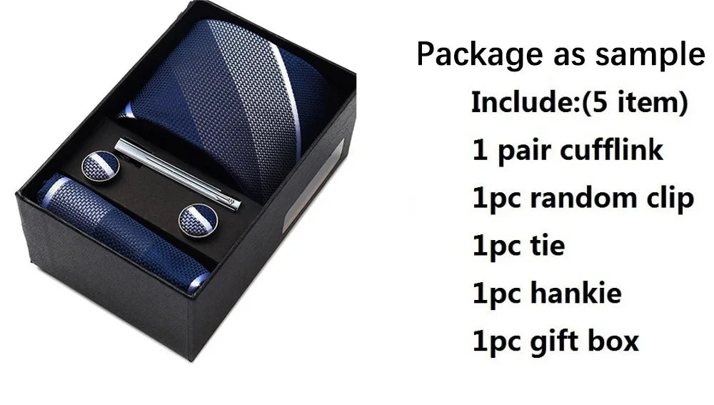 Classic 100% Silk Men's Ties In Gift box 8cm Plaid Dot Striped Business Necktie Handkerchief Cufflinks Wedding Party Tie Set