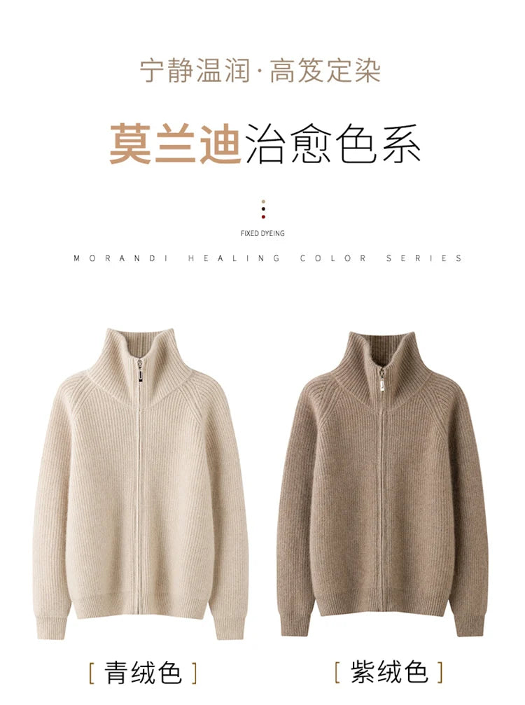 Autumn and winter women's clothing 100% pure cashmere collar thick knit zipper cardigan oversized coat sweater long sleeve loose