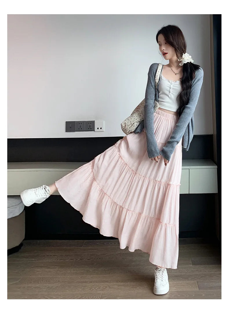 Elegant White Ruffled Long Skirts for Women High Waist A Line Maxi Skirt Woman Spring Summer Casual Loose Korean Umbrella Skirt
