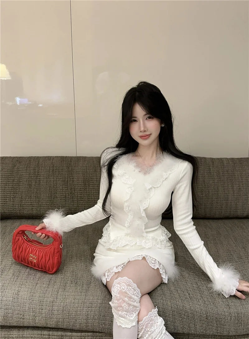 Autumn Winter Lace Splice Knitted Sve High Waist Slim Fit Bodycon Skirt Set V-Ne Soft Pure Desire Long Sve T-irt