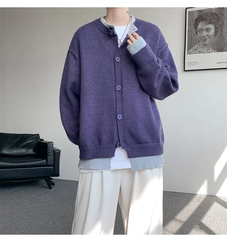 Men's Casual Contrast Color Cardigan Sweater Loose Button Front Knitted Coat for Daily Wear