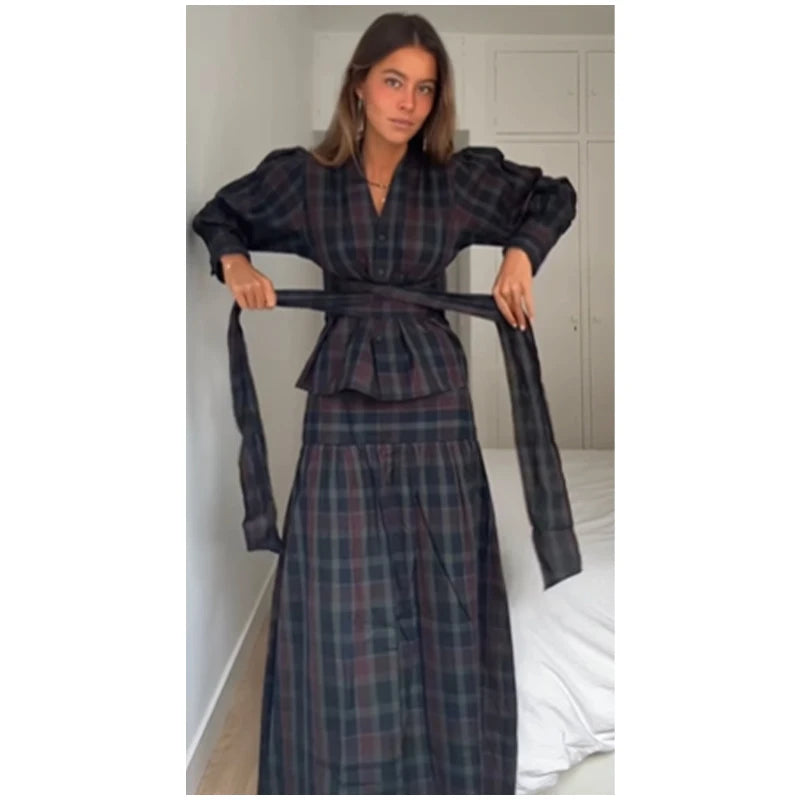 Women Chic Lace Up Checkered Skirt Suit Elegant V-neck Long Lantern Sleeve Top Long Skirts Set 2026 Spring Lady Commute outfits