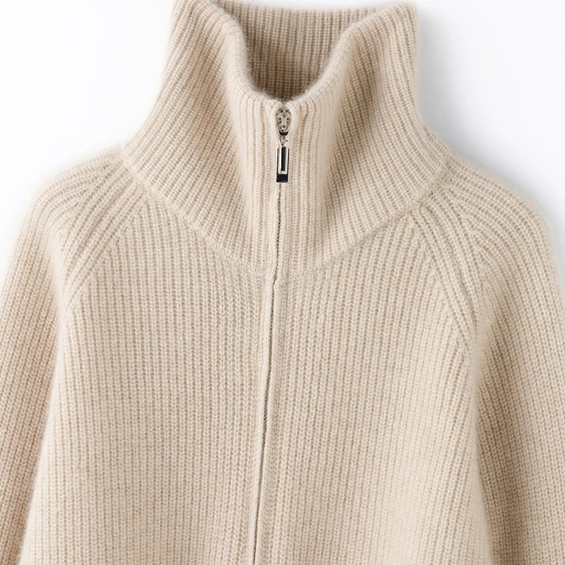 Autumn and winter women's clothing 100% pure cashmere collar thick knit zipper cardigan oversized coat sweater long sleeve loose