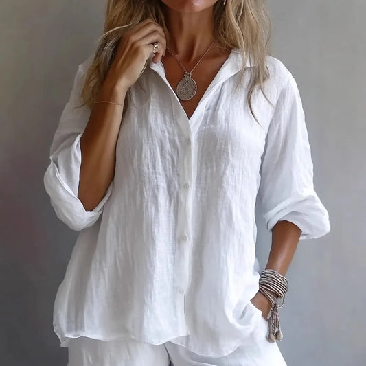 Casual Linen Long Sleeve Blouse Women 2025 Summer Fashion Turn-down Collar Loose Shirts White Blouses Femme Tops Elegant