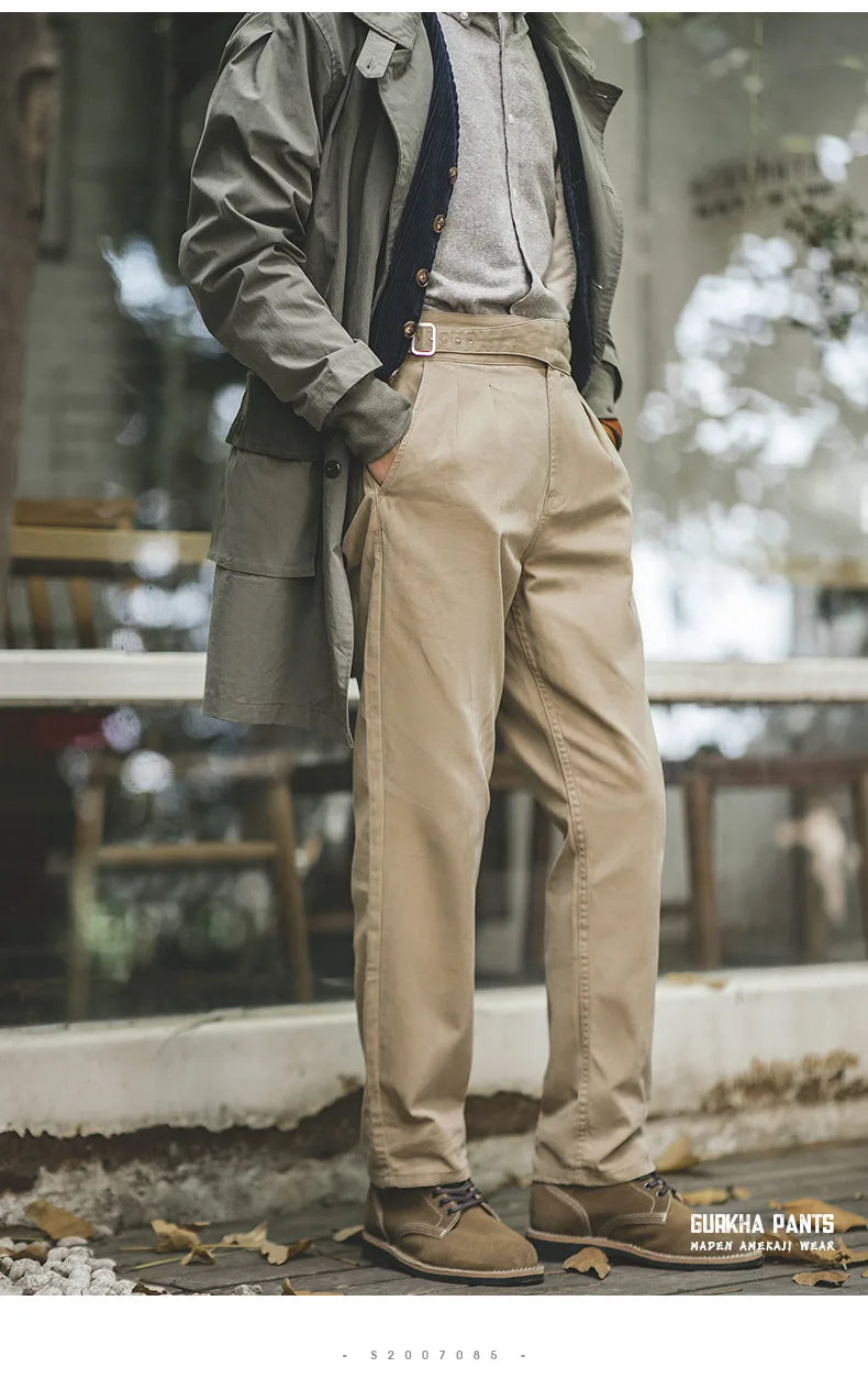 Maden Vintage Adjustable High Waist Gurkha Pants Khaki Casual Cargo Work Pants Classic Straight Trousers for Men's Spring Fall
