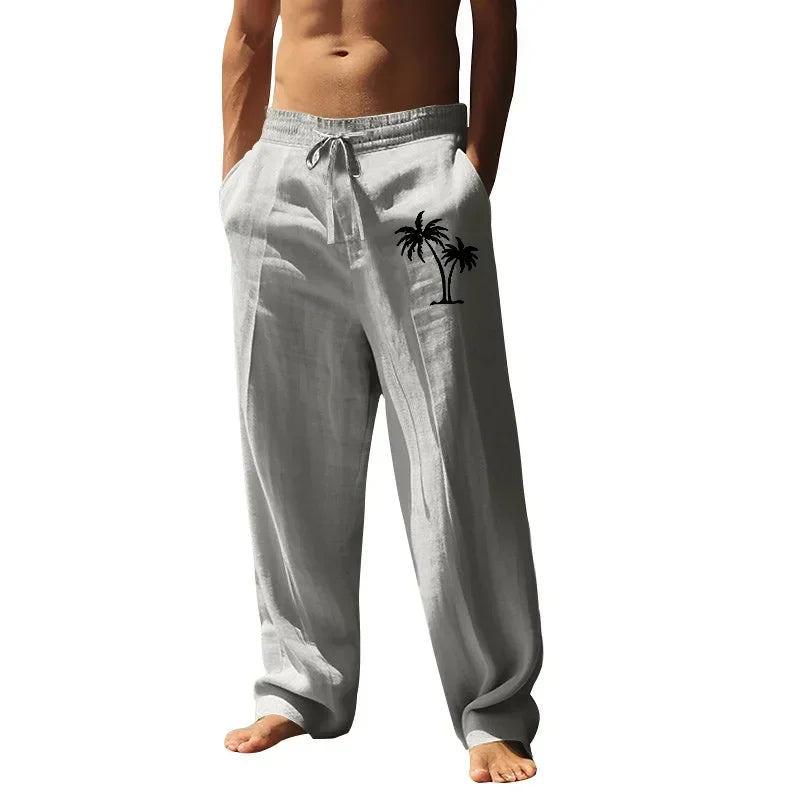 2025 Men's Coconut Printed Breathable Cotton and Linen Loose Casual Sports Pants
