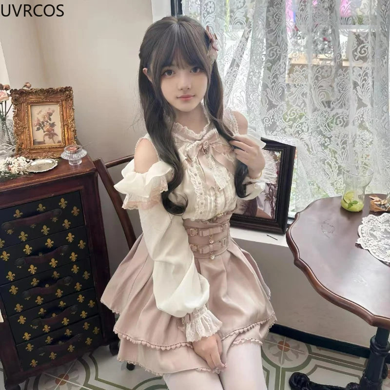 2025 Japanese Kawaii Short Skirt Sets Sweet Ruffles Off Shoulder Bow Shirt Gown Faldas Y2k Aesthetic Mini Skirts Lolita Full Set