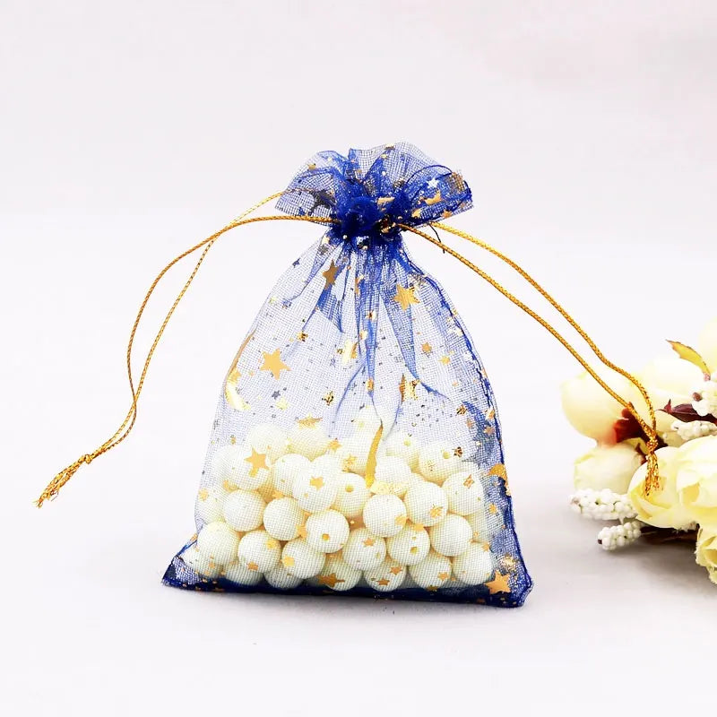 100PCS Moon Stars Drawstring Organza Bags Jewelry Gift Bags Pouches Gold Star Organza Pouches for Christmas Wedding Gift Bags