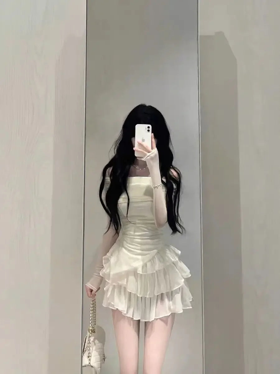 Elegant High-End Feel Summer Fashion 2-Piece Set For Women Off-Shoulder Slimming Top With Cake Skirt Versatile Stylish Dressing